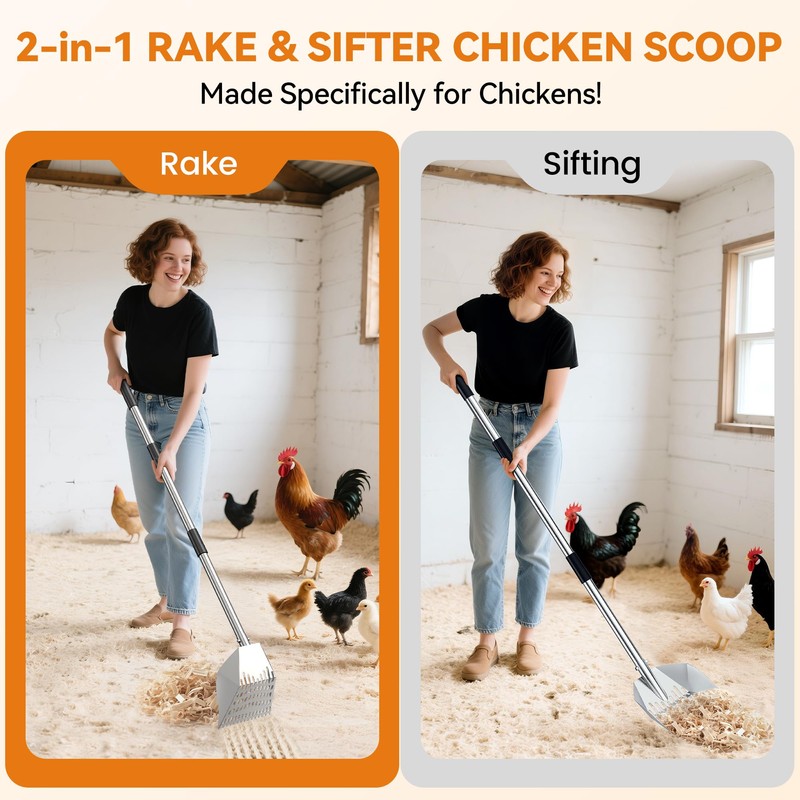 Chicken Poop Scooper: 2-in-1 Rake & Sifter - Silver Chicken