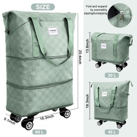 WOOMADA Expandable Foldable Rolling Duffel Bag with Wheels, Detachable Rolling Backpack Weekend Bag for Travel, Business, Camping, Gift for Parents, Spouse(green checkerboard)