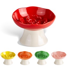 Ceramic Slow Feeder Bowl for Cats and Small Dogs, Elevated Tilted Pet Food Dish, Whisker Friendly Anti-Vomit Design, Heavy Stable Base, Dishwasher Safe， 5 Colors Options (Ruby Red)
