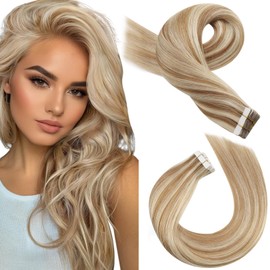 Moresoo Tape-In Hair Extensions, Real Hair, Blonde Streaked, Remy Hair, Medium Brown with Platinum Blonde P#6/60, Straight, 50 cm, 20 Pieces, 50 g