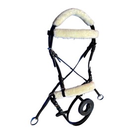 Genuine English Leather Crossover | Crossunder Bitless Horse Bridle | High Density Supersoft Synthetic Fleece | Headstall with Reins | (Full, Oiled Black)