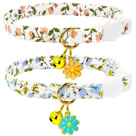 2 Pack Cotton Breakaway Cat Collars Set with Bell and Flower Pendant, Cute Girl Cat Collars for Kittens, Floral Patterned Female Cat Collar, Adjustable 7.5-11 Inch, Includes A Bonus Mouse Toy Gift
