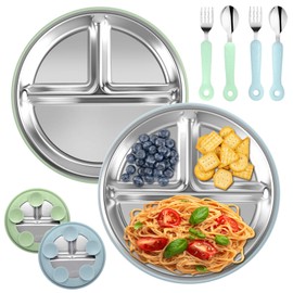 iulrtba 2 Stück Babyteller mit Saugnapf, Edelstahl Kinderteller mit Rutschfesten Saugnäpfen, Geteilte Teller mit abnehmbaren, mit 2 Löffel 2 Gabeln, für Kinder BPA-frei Unzerbrechliches