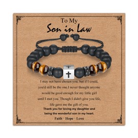 Cross Boys Bracelet, 8mm Black Onyx Tiger's Eye Beads, Adjustable Teenage Bracelet with Stainless Steel Cube, Christian Easter Birthday Gift (Son in Law)