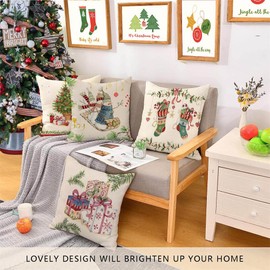 Hangood Christmas Cushion Covers Set of 4 pcs XMAS Design Home Decoration Throw Pillow Case Cover 20x20 inches 50cm x 50cm Vintae Snowman Tree