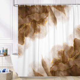 MERCHR Tan and Gold Marble Shower Curtain, Modern Abstract Dark Brown White Fabric Shower Curtains Set for Bathroom Decorative, Cute Ombre Restroom Decor Accessories with Hooks 72X 72 Inch
