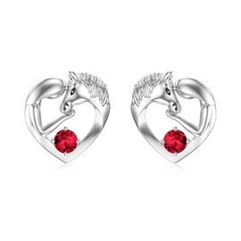 Sterling Silver Horse Stud Earrings with July Birthstone Crystal, Horse Jewellery Gifts For Girls Women Granddaughter (Simulated Ruby)