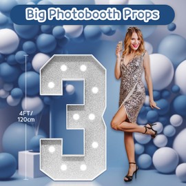 Marquee Numbers Silver Birthday Decorations: Large 4 Feet Tall Light Up Numbers 3rd 30th Party Decor Big Mosaic Cardboard Number 3