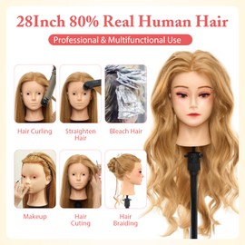 Neverland Beauty Mannequin Head with 80% Real Human Hair, 28 Inch Makeup Cosmetology Hairdressing Training Head Practice Doll Head Manikin Styling Head Braiding Mannequin Head
