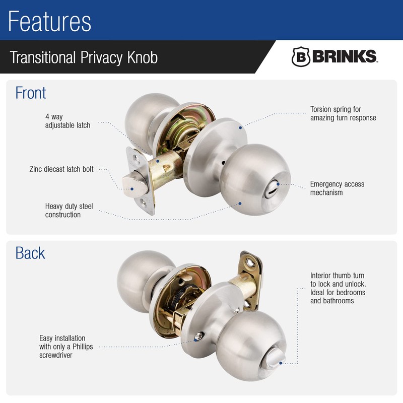 BRINKS – Transitional Privacy Locking Interior Ball Door Knob, Satin