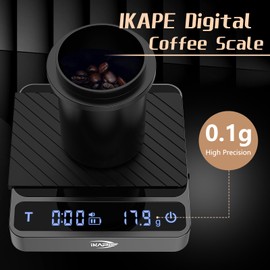 IKAPE Báscula de café digital, báscula de café de alta calidad con temporizador, 2 kg/0,1 g, báscula de goteo recargable de alta precisión con función de tara, pantalla LED (negro)