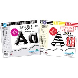 Barker Creek Letter Pop-Out Set of 2, 4" Stripes & Solids, Mixed-Design, 255 Upper and Lowercase Letters, Numbers & Punctuation Marks in Each of 2 Designs, 510 Characters Total (4141)