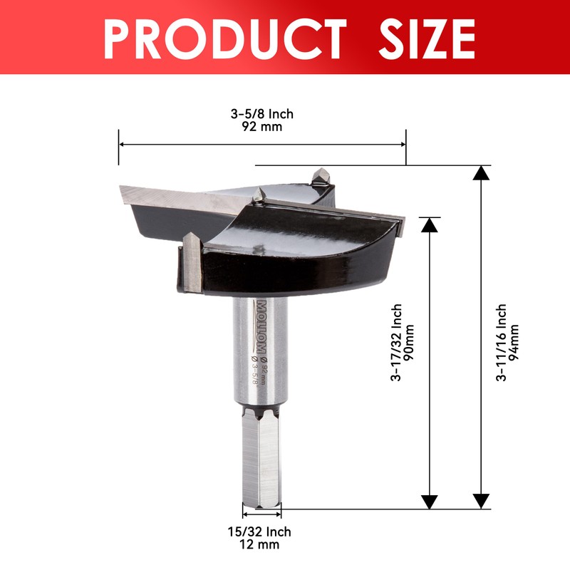 Mollom 3-5/8" (92mm) Forstner Drill Bit for Precise Woodworking with