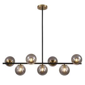 KCO Lighting Black and Gold Linear Kitchen Pendant Lighting Mid Century Modern Chandelier 7-Light Smoke Glass Globe Chandelier Vintage Dining Room Light Fixtures