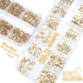 2530Pcs Champagne Gold Nail Rhinestones 120 Multi Shapes Flatback Crystals Gems +2410 Round Beads K9 Glass Stones Diamonds jewels Nail Art Supplies Nail Charms for Nails Faces Eyes Makeup Crafts DIY