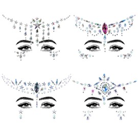 CLundoo Set of 4 face gemstones, rhinestones, face stickers, face rhinestones, temporary tattoo, face jewellery for fancy dress, party, make-up, wedding (B)