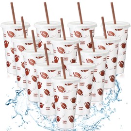 Honeydak 12 Pcs Sport Plastic Tumblers with Lid and Straw 24 oz Reusable Plastic Cups for Soccer Basketball Football Coach Team Members Gifts Women Men Sport Birthday Party Favors(Football)