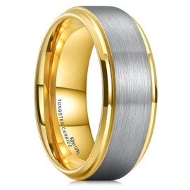 King Will BASIC Gold Men's Tungsten Carbide Ring 8mm Gold Inner Polished Beveled Edge Silver Matte Brushed Finish Center Wedding Band 12