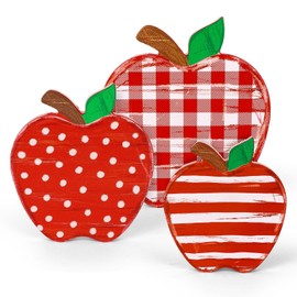 Whaline Apples Wooden Signs Back to School Table Decor Retro Apples Table Centerpieces Vintage Rustic Desktop Farmhouse Decorations for First Day of School Classroom Office Party Decor, 3Pcs