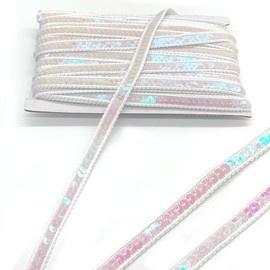 DHER 25 Meters Sequin Decor Ribbon, 12mm Sequin Ribbon, Glitter Sequin Ribbon Sequin Trim Ribbons Sequin Border Fabric Sequin Trim, Glittering Sequin Ribbon (Color White)