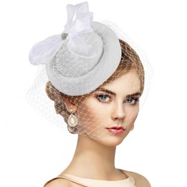Zinniday White Pillbox Hats for Women - Kentucky 1920s 50s Vintage Tea Party Hat 2025 Derby Fascinator with Hair Clip Veil for Girls and Women Bridal Wedding Party Cocktail Attire Dress Up