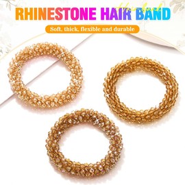 Reaky Beaded Hair Ties Champagne Rhinestone Ponytail Holder Elastic Crystal Hair Scrunchies 3 Pcs Hair Accessories for Women (Champagne)