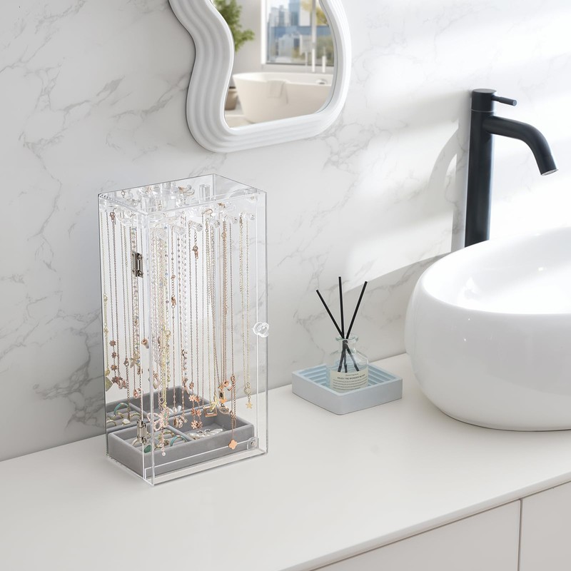 Lolalet Necklace Holder Organizer, Acrylic Jewelry Organizer with 24 Hooks,