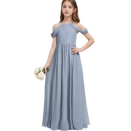 GELOMARI Girls A-Line Maxi Dress Junior Bridesmaid Flower Girl Dresses Girl Off-Shoulder Chiffon Dress for Wedding Pageant(11-12Y Dusty Blue)