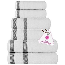 CASA COPENHAGEN Solitaire 6 Pieces Towel Set- White, 600 GSM 2 Bath Towel 2 Hand Towel 2 Washcloth, Designed in Denmark Made of Soft Egyptian Cotton for Bathroom, Kitchen & Shower