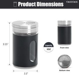 YACEYACE Salt and Pepper Set, 6Pcs Stainless Steel Shaker with Holes and Adjustable Lids, 3oz Black Powder Sugar Shaker