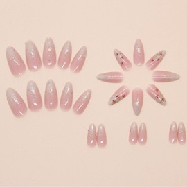 Hkanlre Gradient Pink Fake Nails Tips Bling Press on Nails Full Cover Almond False Medium Nails for Women 24PCS
