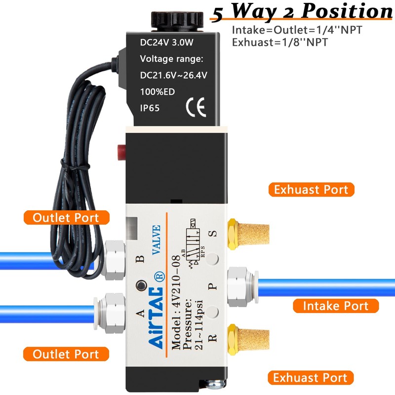1/4" NPT Air Solenoid Valve 24V 2 Position 5 Way
