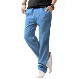 SIR7 Men's Linen Casual Lightweight Drawstrintg Elastic Waist Summer Beach Pants Denim Blue Small