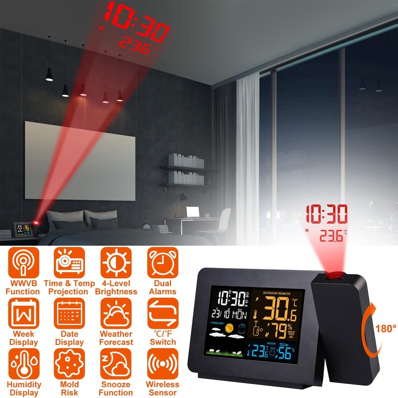 KOCASO Upgraded Projection Weather Alarm Clock Atomic Projection Alarm Clock