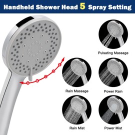 5-Setting High Pressure Handheld Shower Head Combo, NearMoon Multi-functions Powerful Spray Handheld Showerhead with Adjustable Angle Bracket (with 60″ Stainless Steel Hose, Chrome)