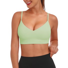 Buauty V Neck Sports Bra for Women, Padded Push up Women's Sport Bras Adjustable Thin Straps, Light Support Yoga Camisole Basic Top, Low Impact Spaghetti Strap Sport Racerback Bras Green XS
