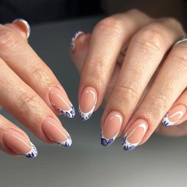 French Tip Press on Nails Medium Almond Reusable Fake Nails Flower Nail Tip with Blue White Porcelain Design Full Cover Nude Glossy False Nails for Women DIY Manicure Decoration 24PCS