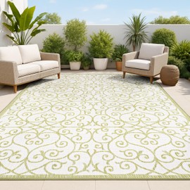 JONATHAN Y SMB107H-5 Madrid Vintage Filigree Textured Weave Indoor Outdoor Area Rug, Coastal, Traditional, Transitional Easy Cleaning,Bedroom,Kitchen,Backyard,Patio,Non Shedding, Green/Cream, 5 X 8
