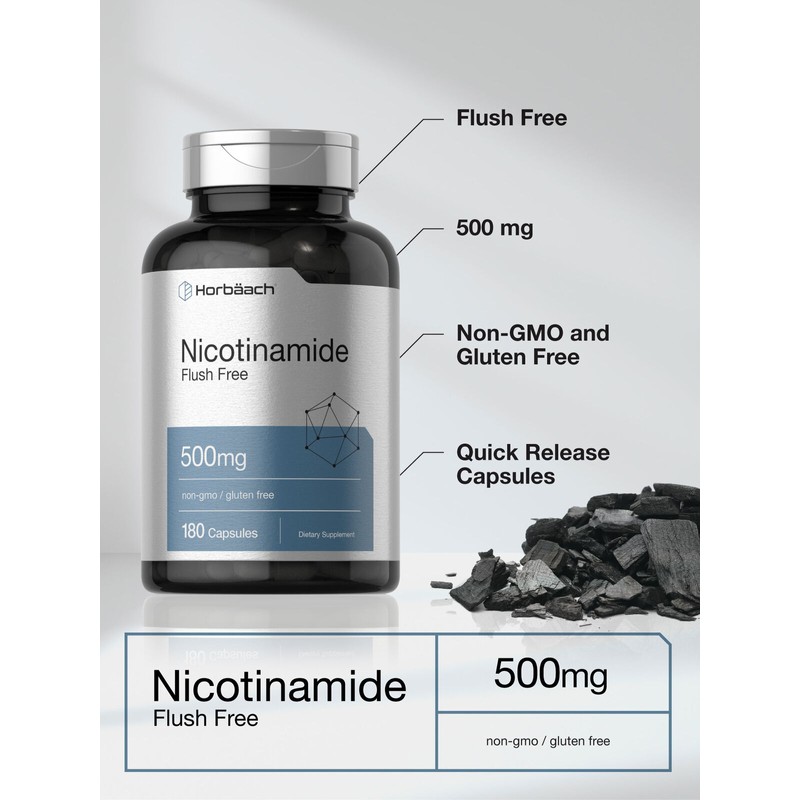 Horbäach Nicotinamide 500mg | 180 Capsules | Non-GMO, Gluten Free