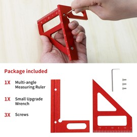 WolfPawn Red 3D Multi-Angle Measuring Tool,45/90 Degree Aluminum Alloy Woodworking Square Protractor, Drawing Line Ruler, Miter Triangle Ruler Layout Measuring Tool for Woodworking