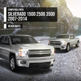 ALLGOOD LED DRL Headlight Assembly Front Headlamp Compatible with 2007-2013 Chevy Silverado 1500/2007-2014 Silverado 2500 3500 2500HD 3500HD Chrome Housing(White cover white frame white reflector)