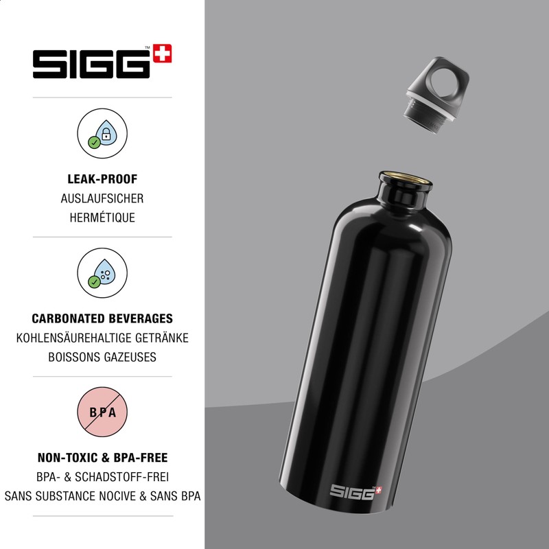 SIGG Traveller Black Water Bottle (1 L), Pollutant-Free and Leak-Proof