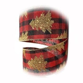 The New Gold Glitter Christmas Trees Red Black Buffalo Plaid Wired Ribbon - 2.5" W X 10 Y Perfect for Crafting, Gift Wrapping, and Decorating Ribb1w02023