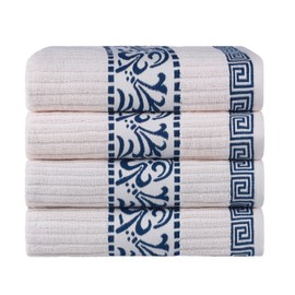 Superior Athens Cotton Bath Towel Set, Greek Key Floral Decor for Bathroom, Guest Bath, Spa, Resort, Home Essentials, Absorbent, Fluffy Medium Weight Towels, Includes; 4 Bath Towels, Ivory/Navy Blue