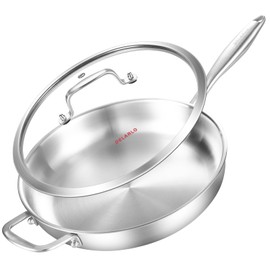 DELARLO Tri-Ply Stainless Steel Pan with Lid 12inch丨Compatible with All Cooktops Up to 600℉丨Stainless Steel Skillet 12 inch丨Heavy Duty丨Frying Pan with Lid丨18/10 Large Cooking Surface