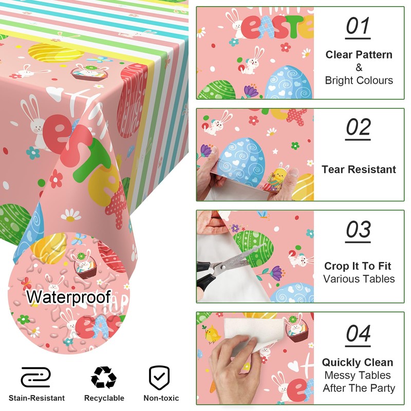 Xinvery 2PCS Happy Easter Tablecloth,Pink Easter Party Tablecloth Bunny Egg