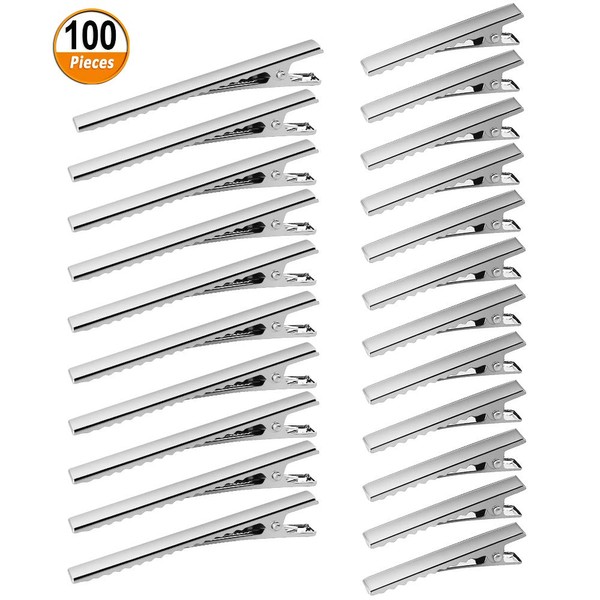 100 Pcs Silver Alligator Hair Clips, 3 Inch and 1.6 Inch Metal Hairdressing Salon Hair Grip Flat Top with Teeth, 2 Sizes