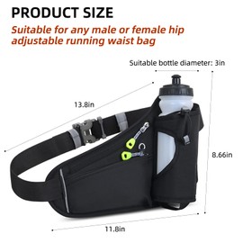 Upgraded No Bounce Hydration Belt with Reflectors for Any Hips for Men Women Adjustable Running Fanny Pack with Smartphone Pocket & Water Bottle for Jogging Walking Sports Waist Pouch(Black)