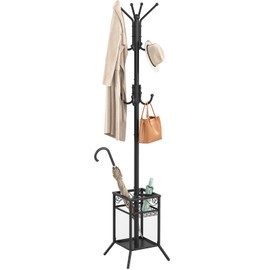 ELYKEN Coat Rack Freestanding, Metal Coat Rack Stand with Umbrella Holder, Modern Coat Tree with 12 Hooks, Floor Standing Corner Hall Tree for Entryway Living Room Bedroom Office, Black