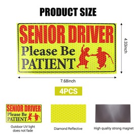 Hovom 4PCS Senior Driver Magnet for Car, Reflective Elderly Driver Car Magnet Warning Safety Sign, Please Be Patient Magnetic Sticker for Seniors, Old People Gag Gifts for Grandma Grandpa (4PCS)